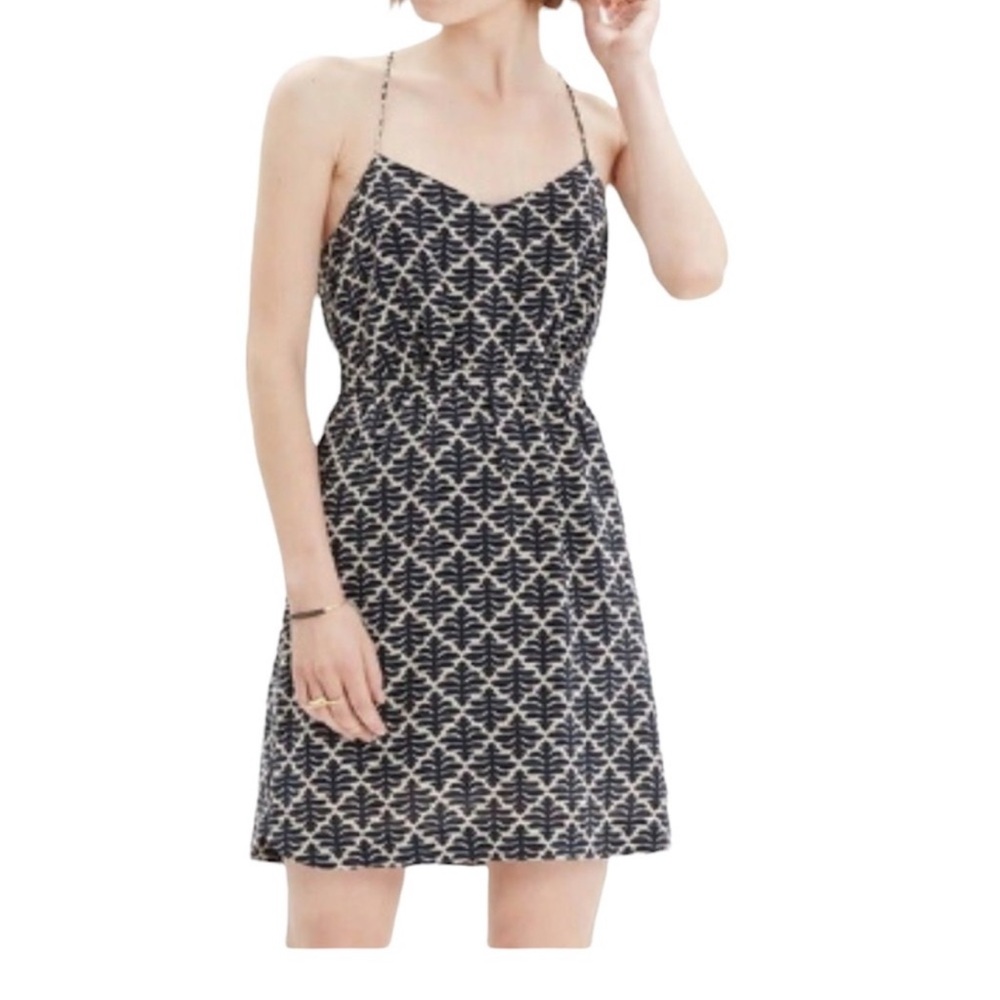 Madewell Women's 100% Silk Daylight Black & Cream Mini Dress in Ikat Bloom Sz10